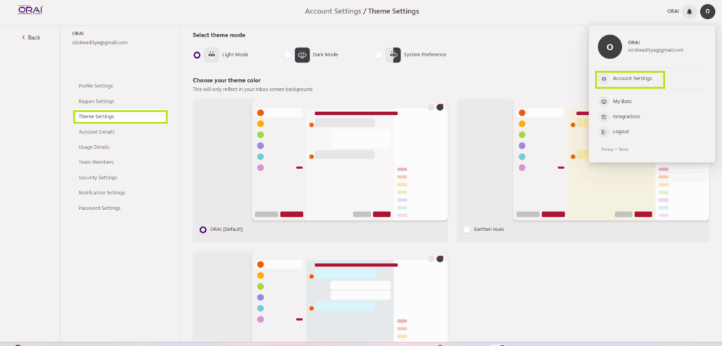 Region & Theme Settings - ORAI STORE